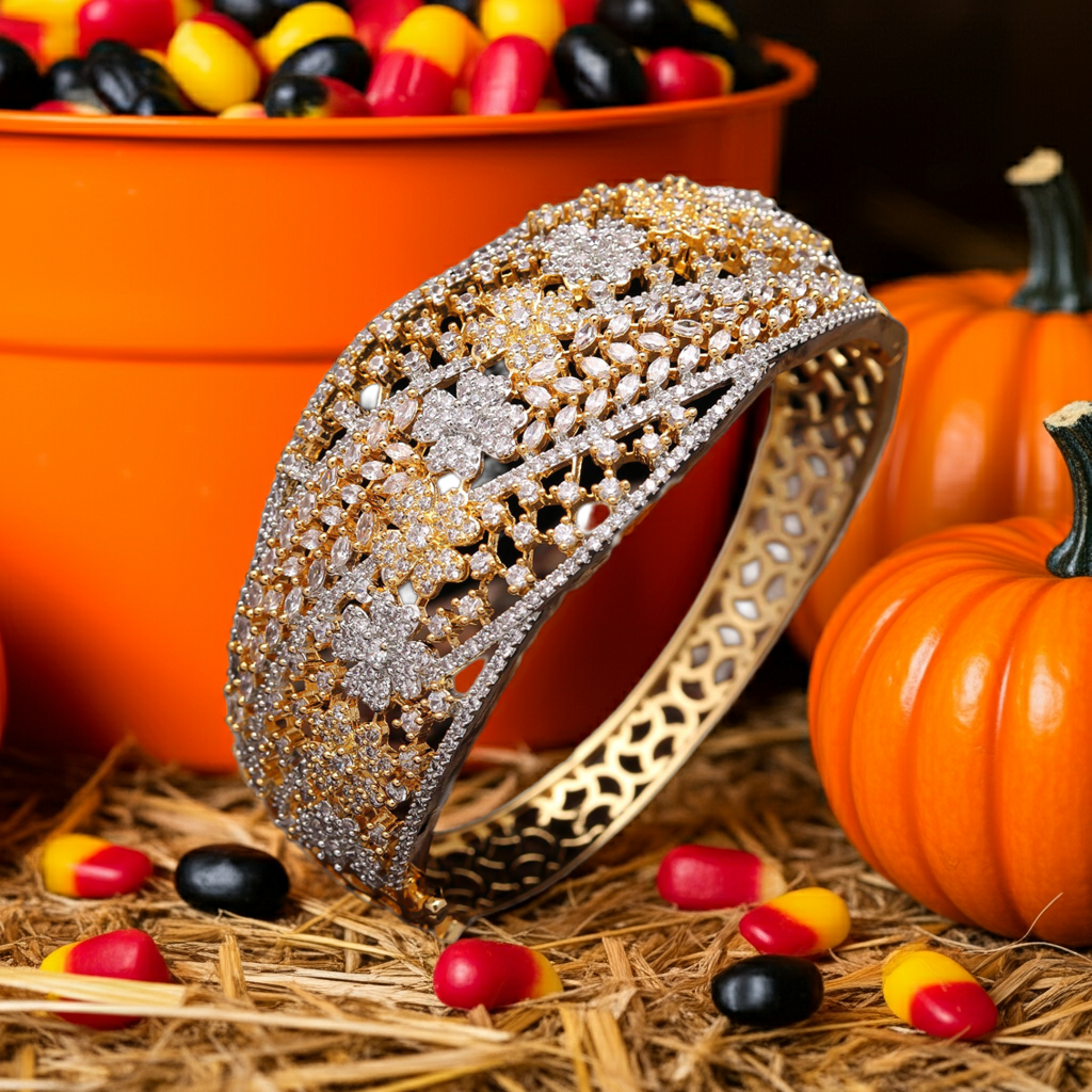 Elegant Gold-Plated Floral Diamond-Cut Bangle – Premium Bridal & Festive Jewelry for Women